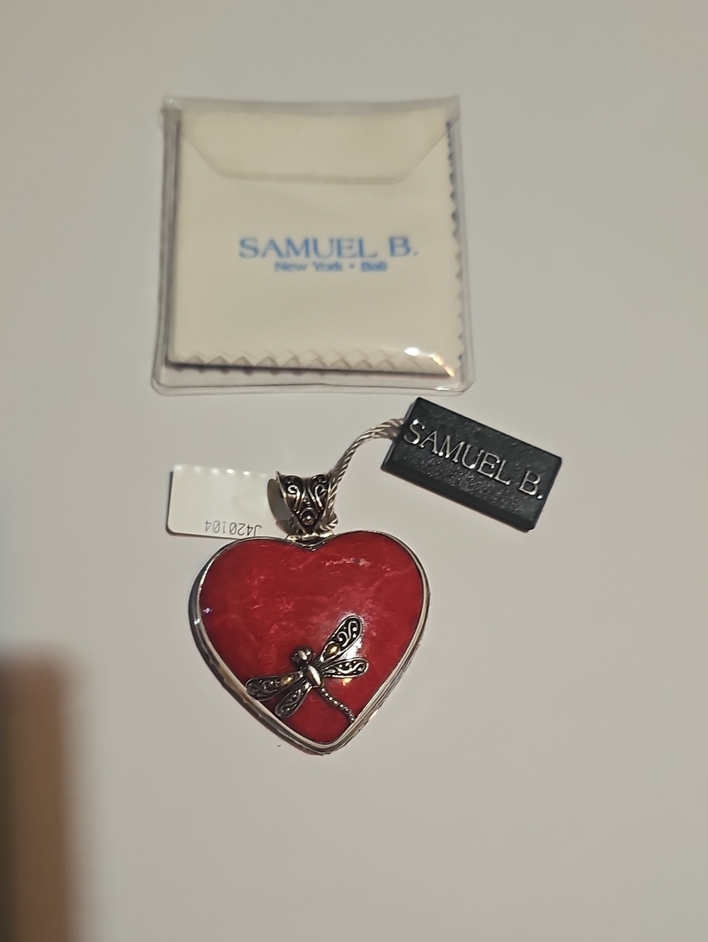 Samuel B. Red and Silver Heart Pendant with Dragonfly Accent